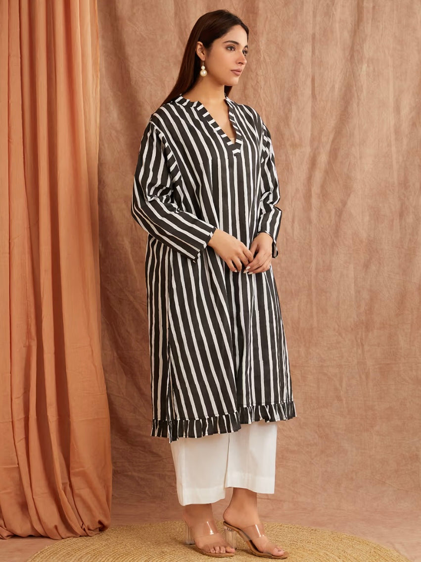 Ebony Black Stripe Hand Block Printed Cotton Kaftan Dress with Pants