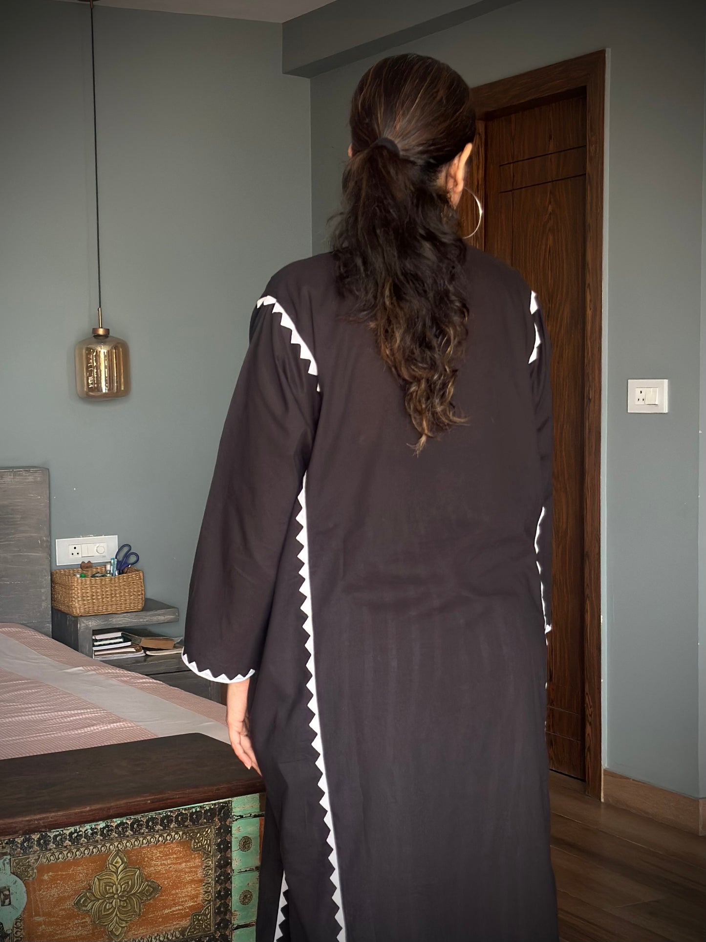 Siyah kalidar kurta with hand appliqué work