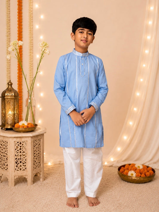 Kids blue gota work cotton kurta with pyjama