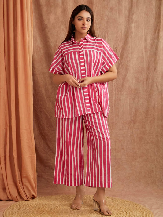 Ruby Pink Striped Hand Block Printed Cotton Co-ord Set