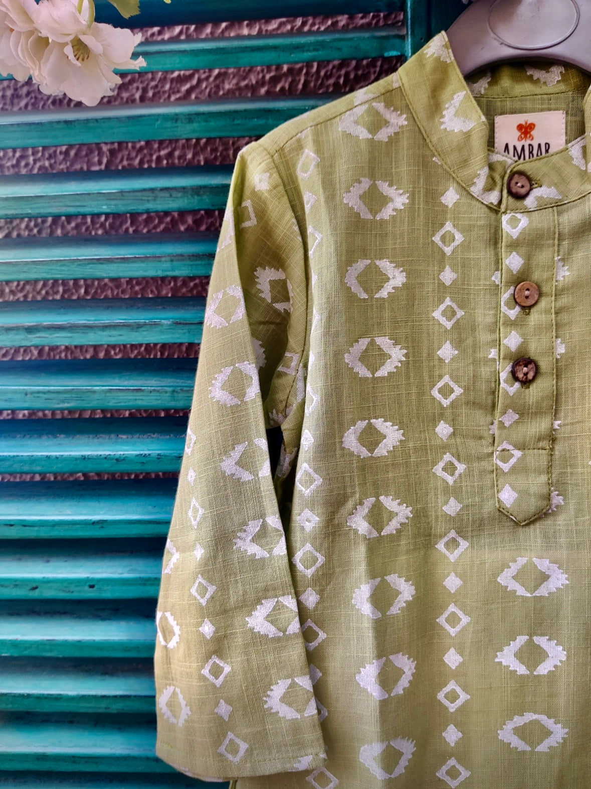 Green cotton slub handblock printed kids kurta set