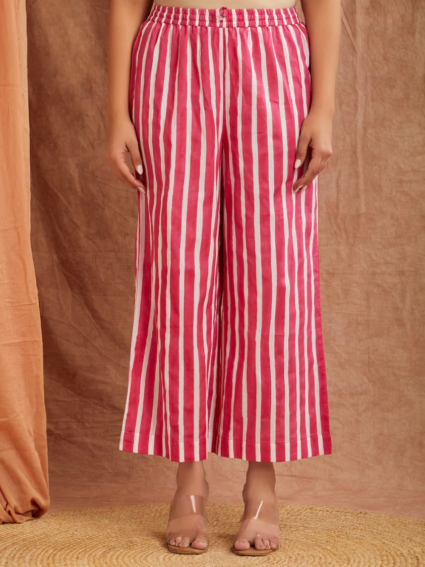 Ruby Pink Stripe Hand Block Printed Cotton Kaftan with Pants
