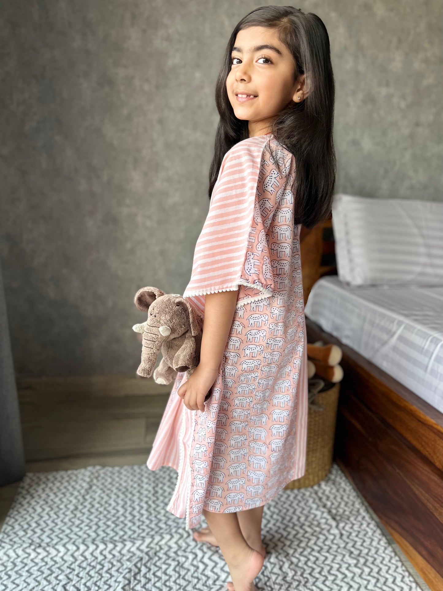 Peach haathi print kids kaftan