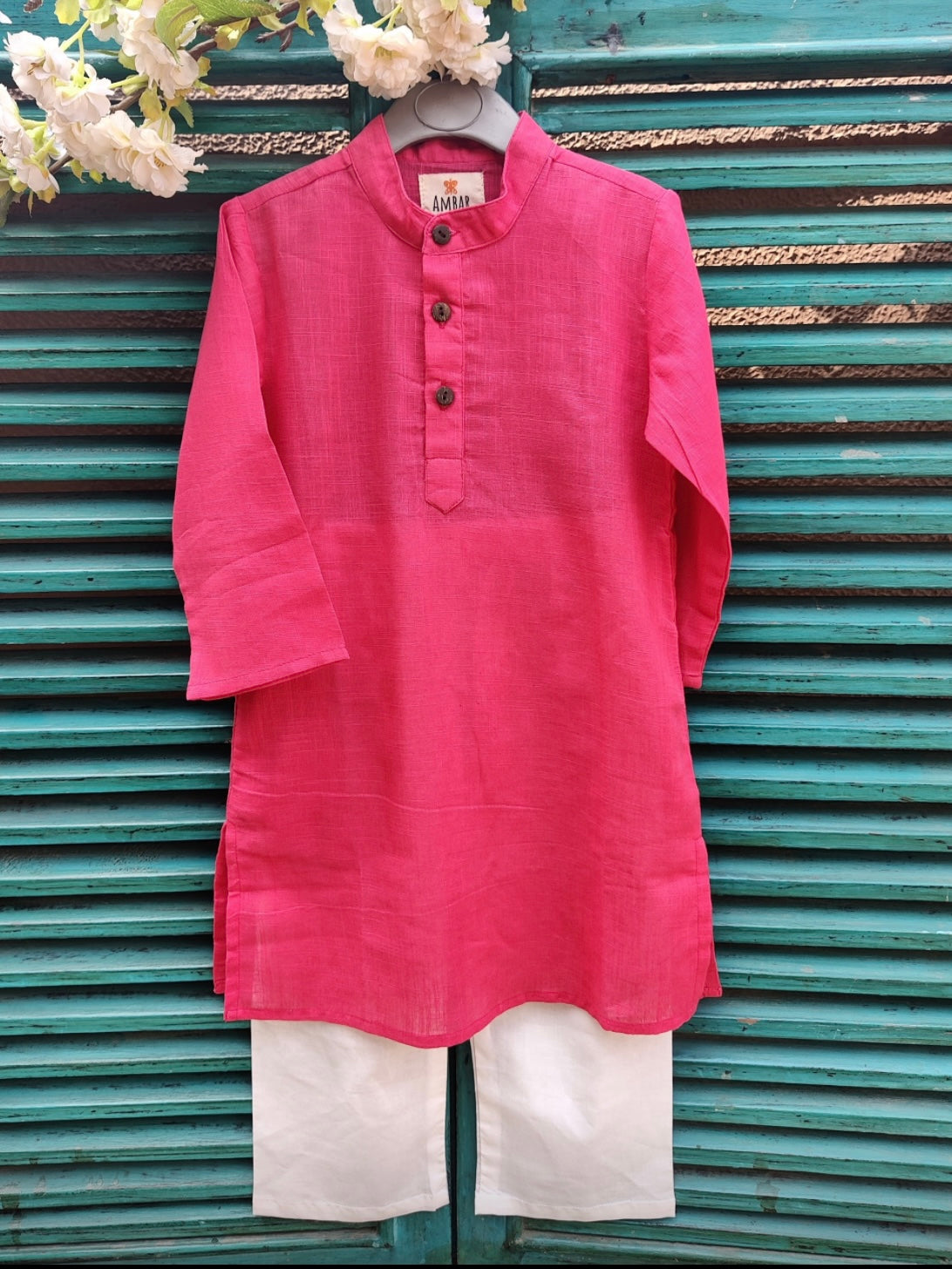 Pink cotton slub kids kurta with dusty blue handblock printed jacket set