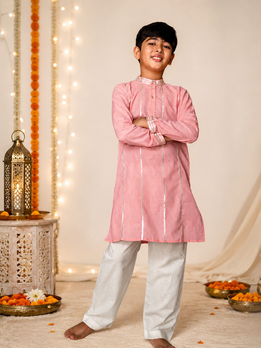 Kids blush pink gota work cotton kurta with pyjama
