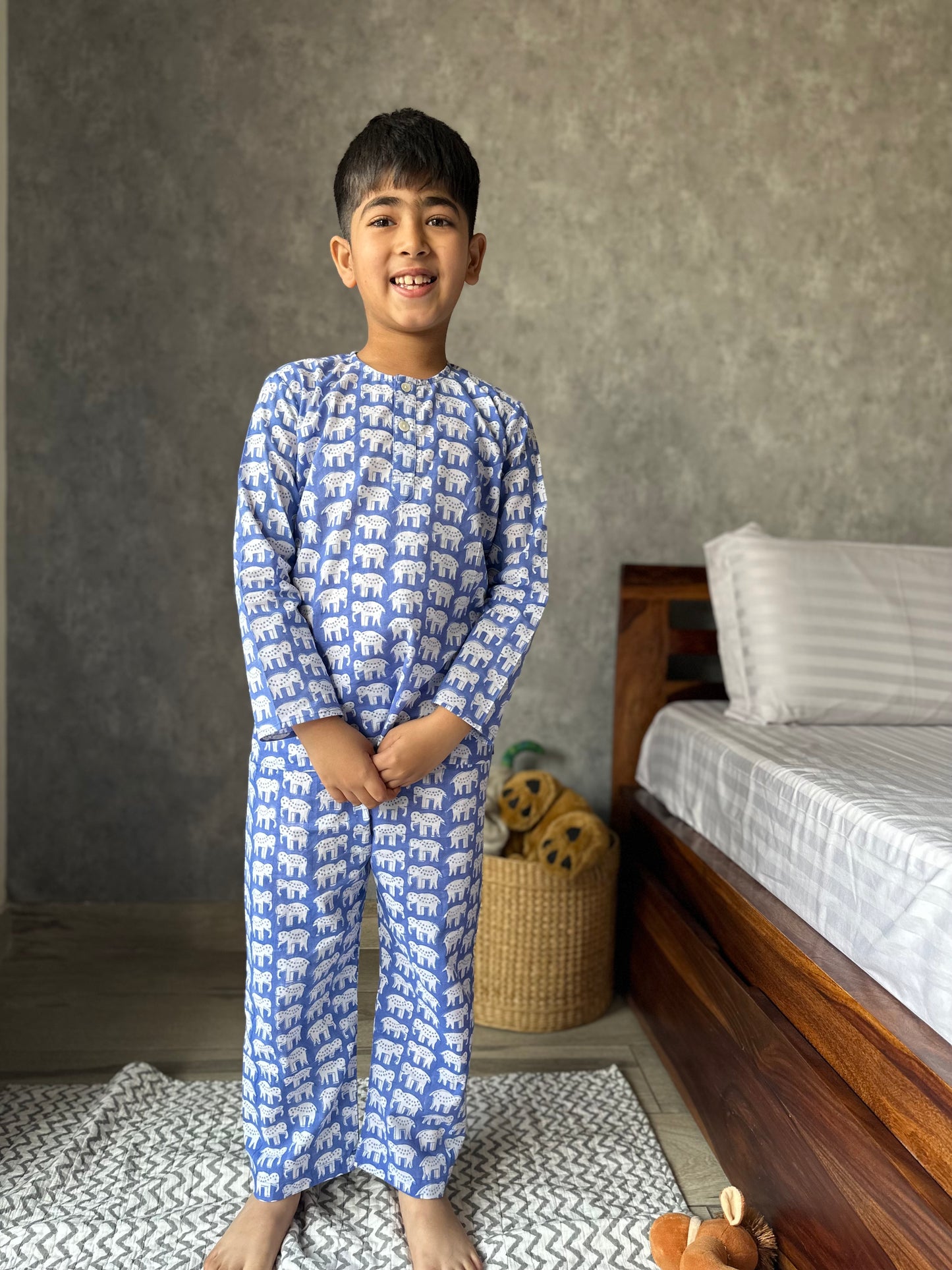 Ink blue haathi print kids loungewear set