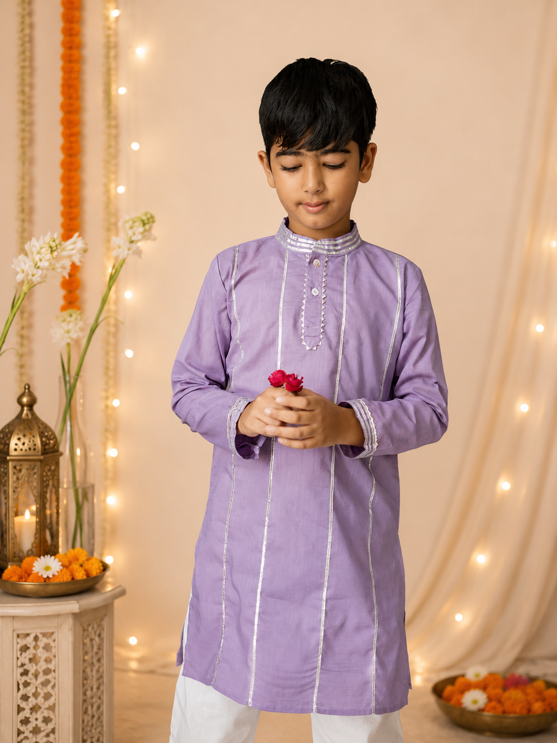 Kids lilac gota work cotton kurta with pyjama
