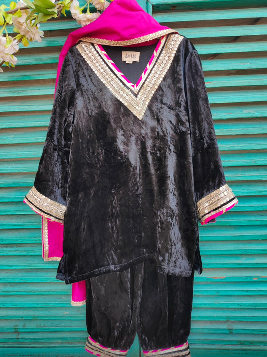 Black velvet gota work suit set with pink chanderi dupatta