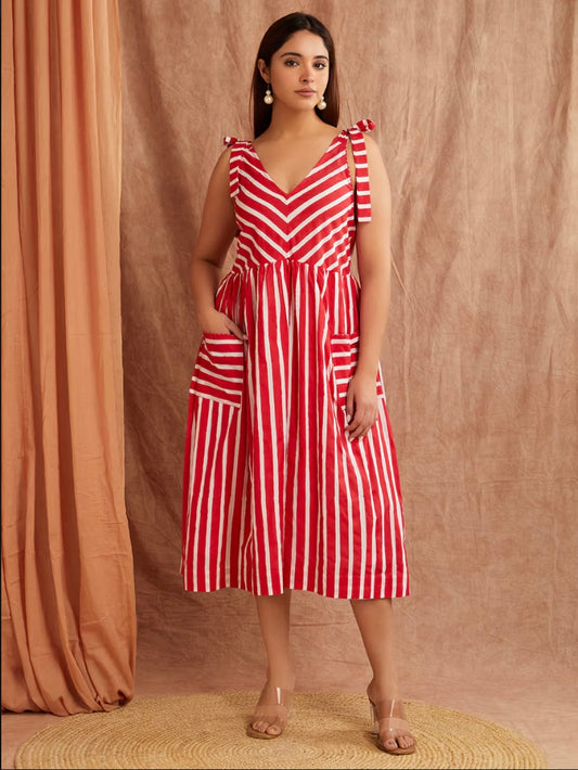 Scarlett Red Striped Hand Block Printed Cotton Dress