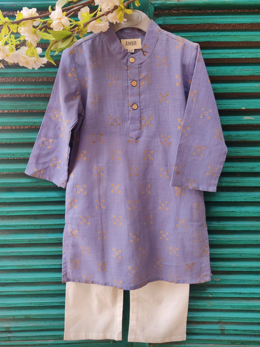 Dusty blue cotton slub handblock printed kids kurta set