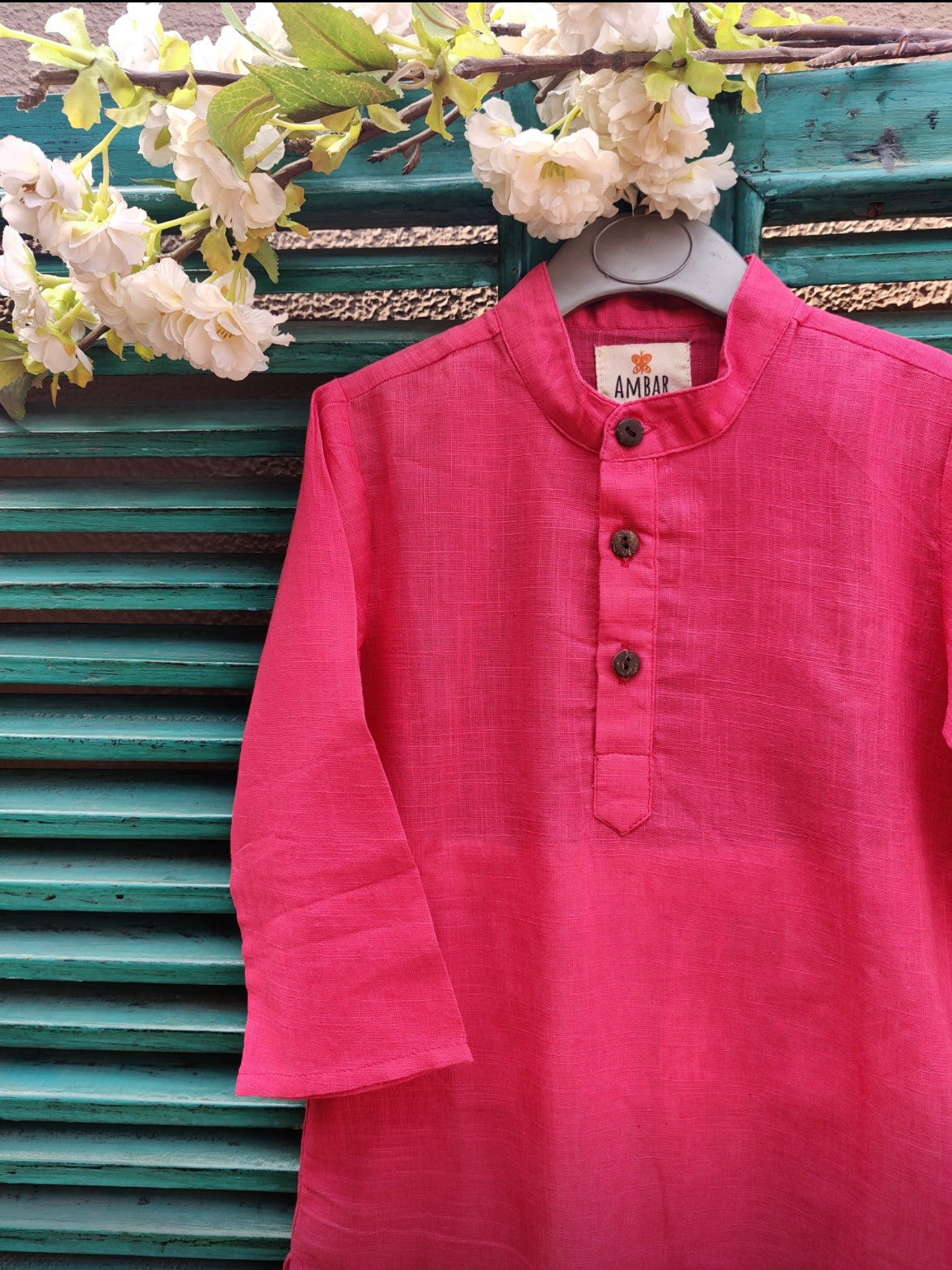 Pink cotton slub kids kurta with dusty blue handblock printed jacket set