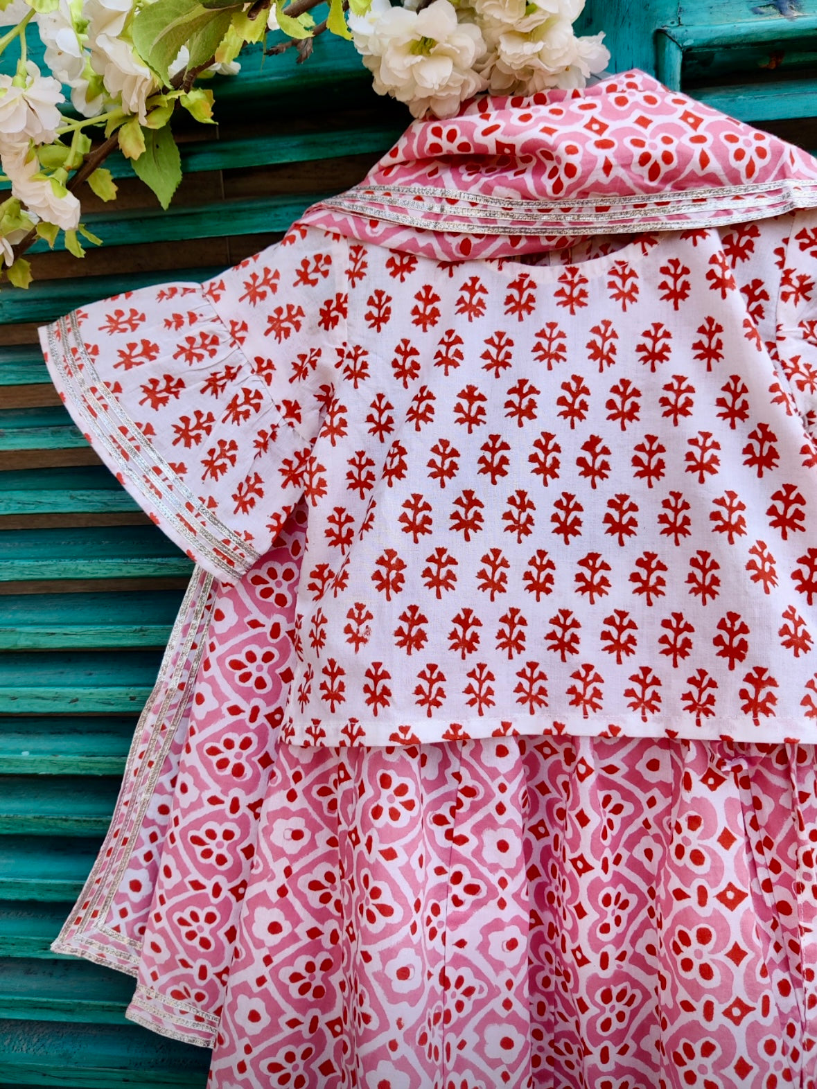 Pink/coral cotton kids lehenga set with dupatta