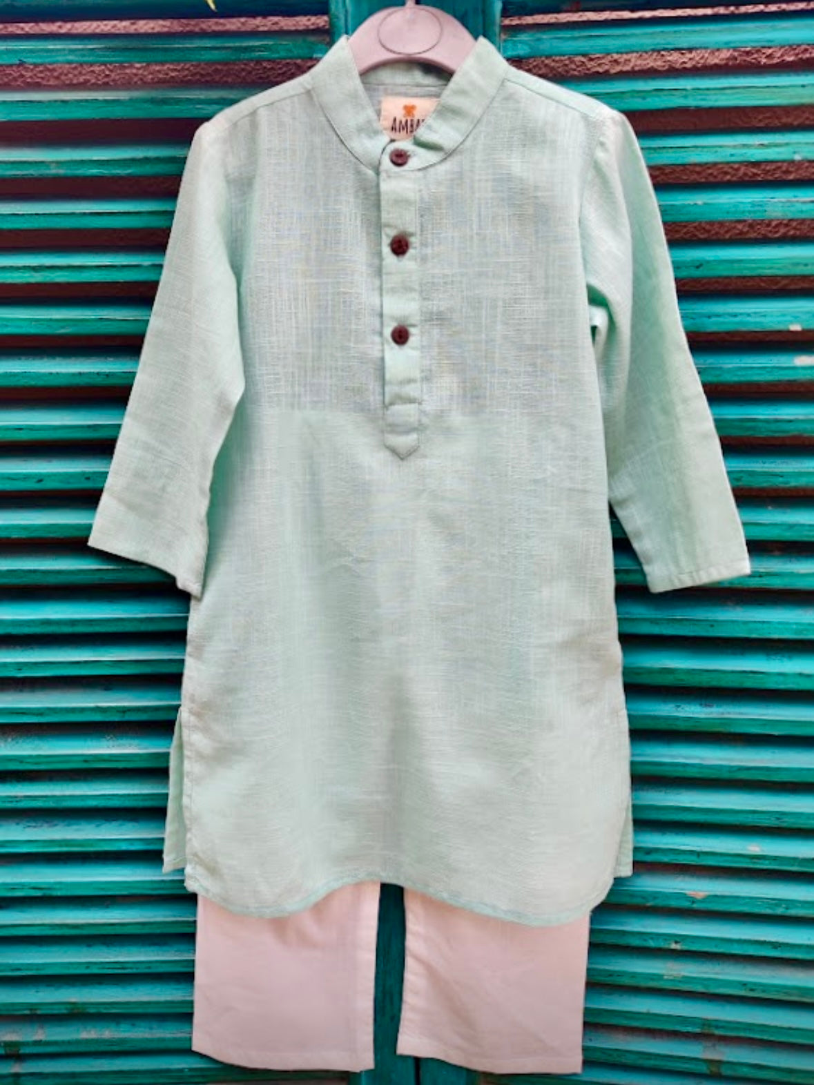 Sea green cotton slub kids kurta with light pink handblock printed jacket set