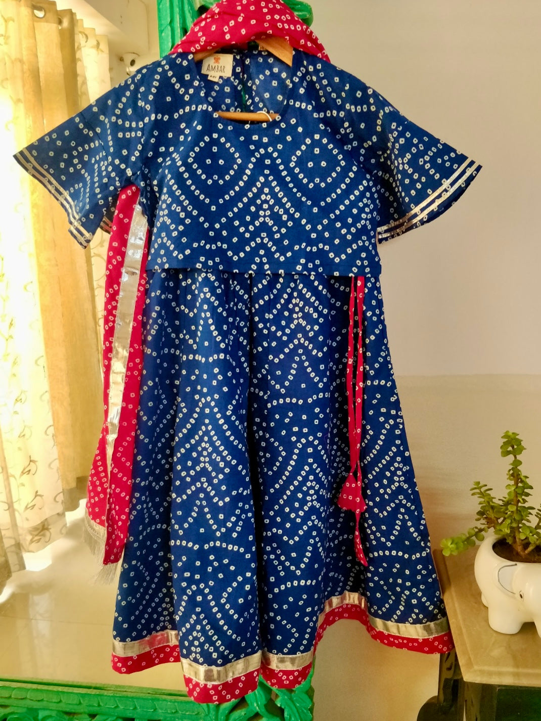 Aaima blue cotton handprinted bandhani kids lehenga set with pink dupatta