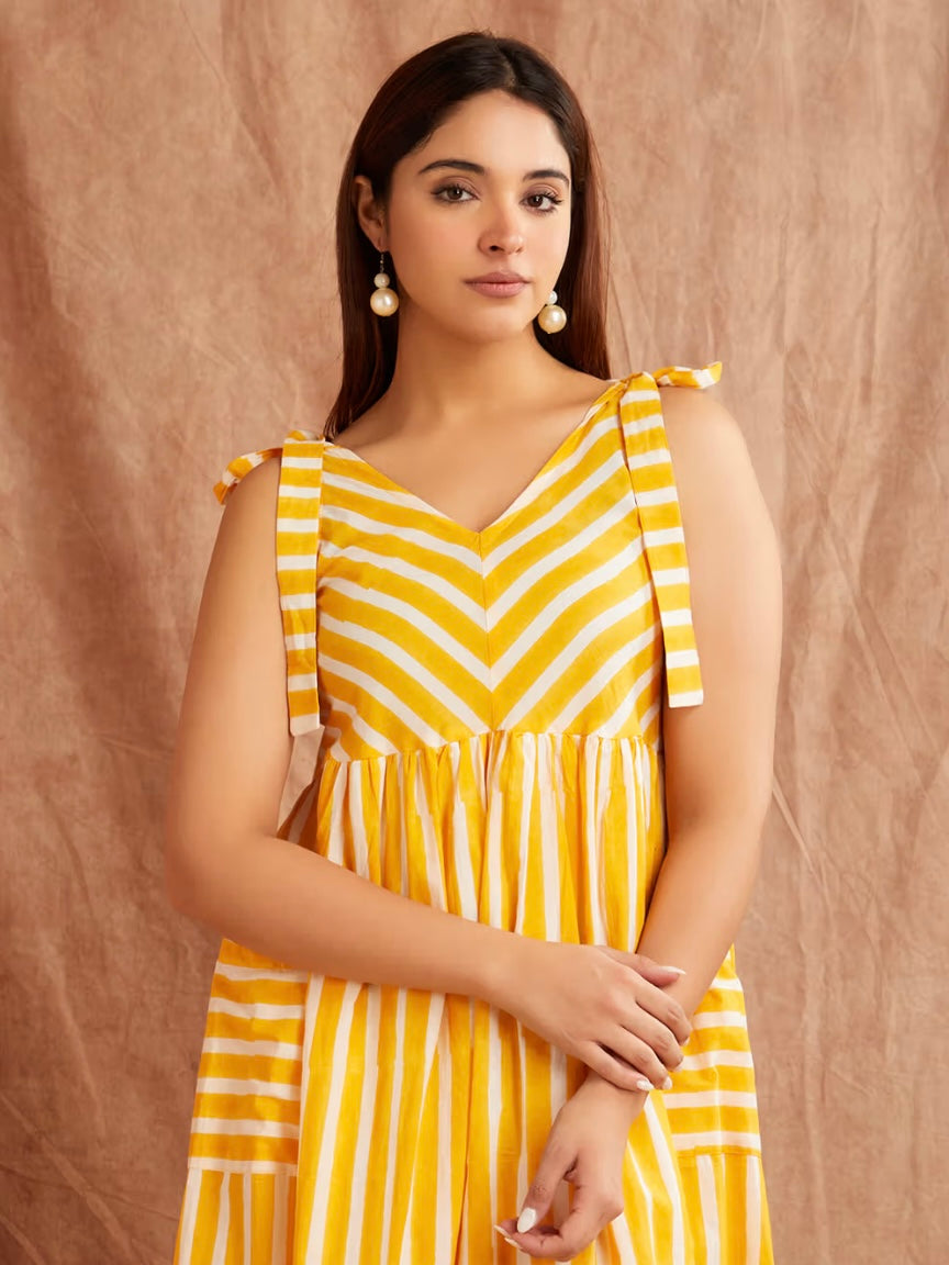 Sunshine Yellow Striped Hand Block Printed Cotton Dress