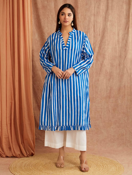 Lapis Blue Stripe Hand Block Printed Cotton Kaftan Dress with Pants
