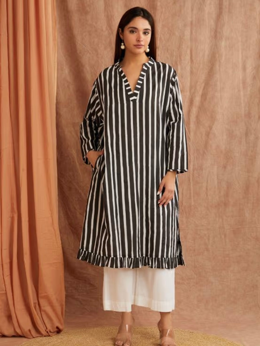 Ebony Black Stripe Hand Block Printed Cotton Kaftan Dress with Pants
