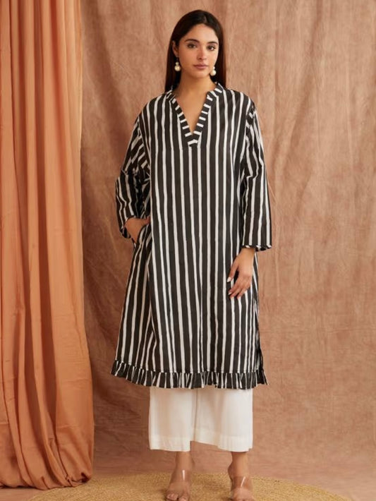 Ebony Black Stripe Hand Block Printed Cotton Kaftan Dress with Pants