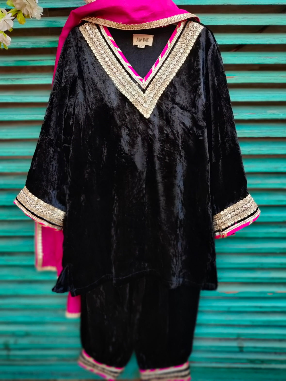 Black velvet gota work suit set with pink chanderi dupatta