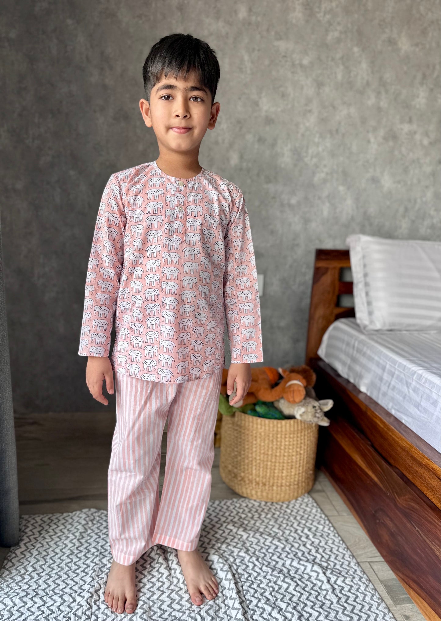 Peach haathi print kids loungewear set