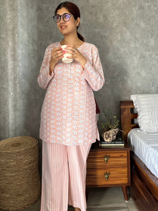 Peach haathi print loungewear set