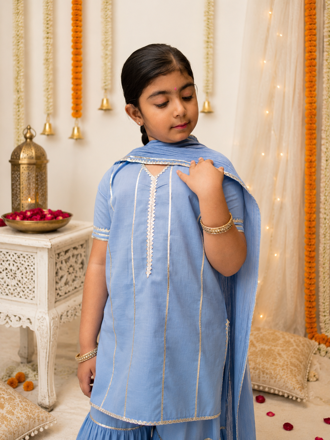 Kids gota work powder blue cotton gharara set