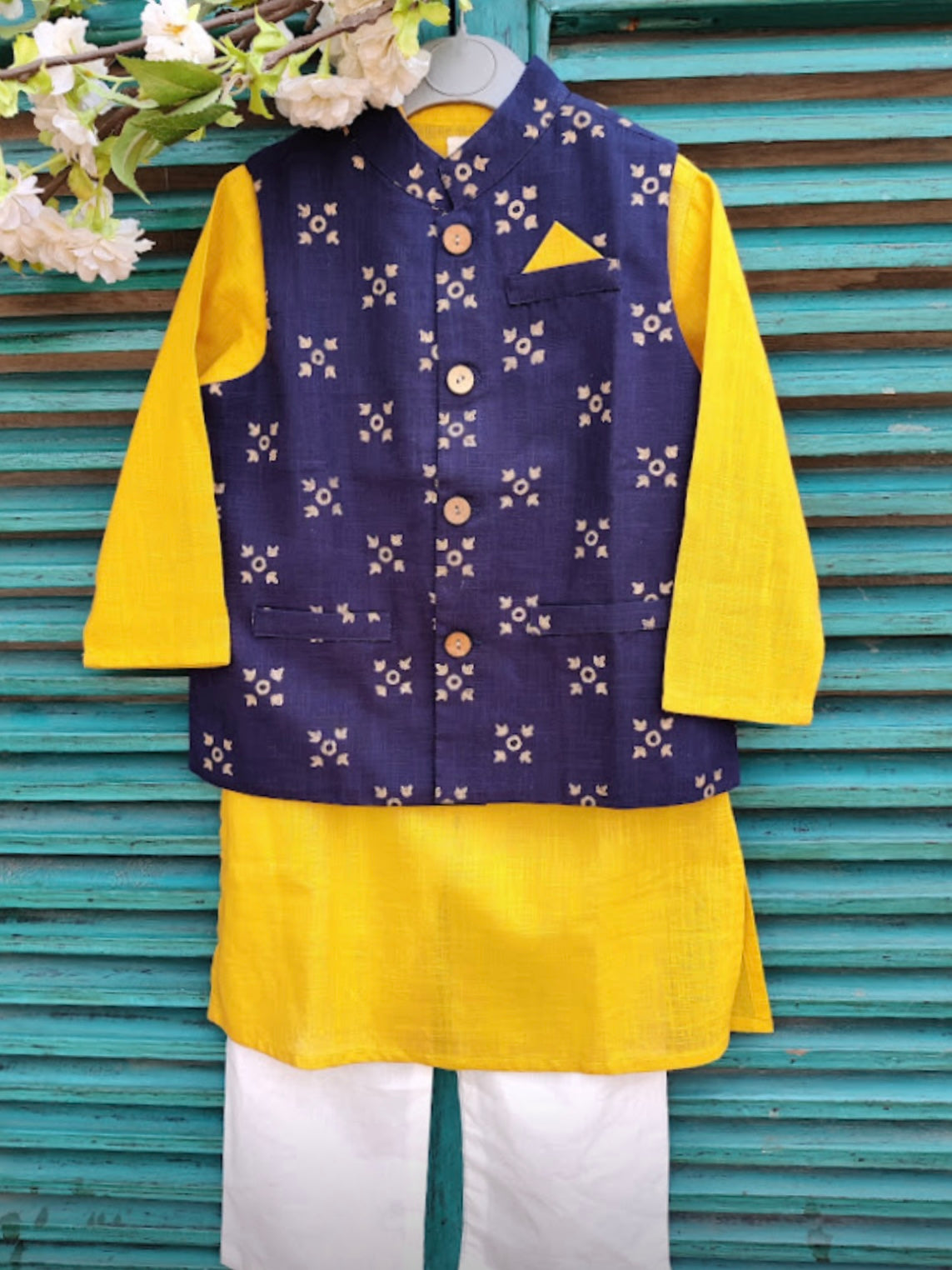 Yellow cotton slub kids kurta with navy blue handblock printed jacket set