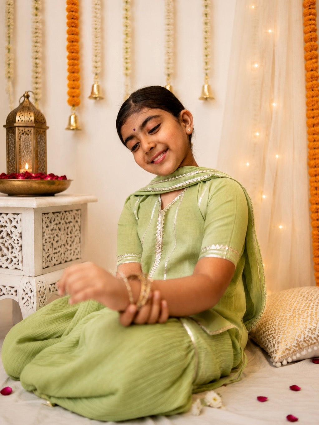 Kids gota work green cotton gharara set