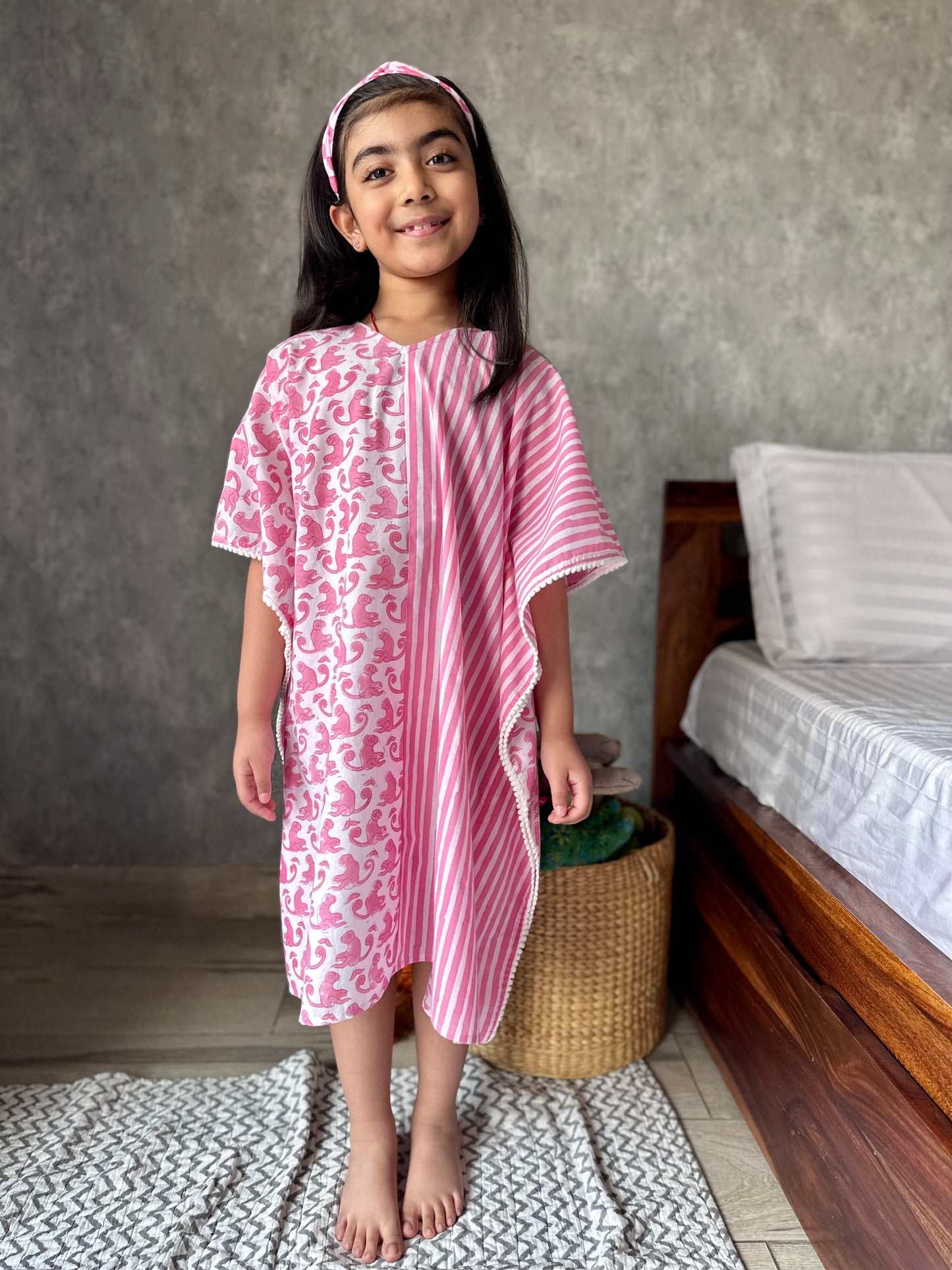 Pink monkey print kids kaftan