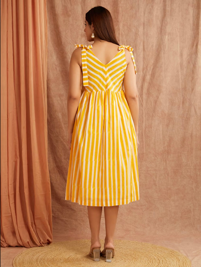 Sunshine Yellow Striped Hand Block Printed Cotton Dress