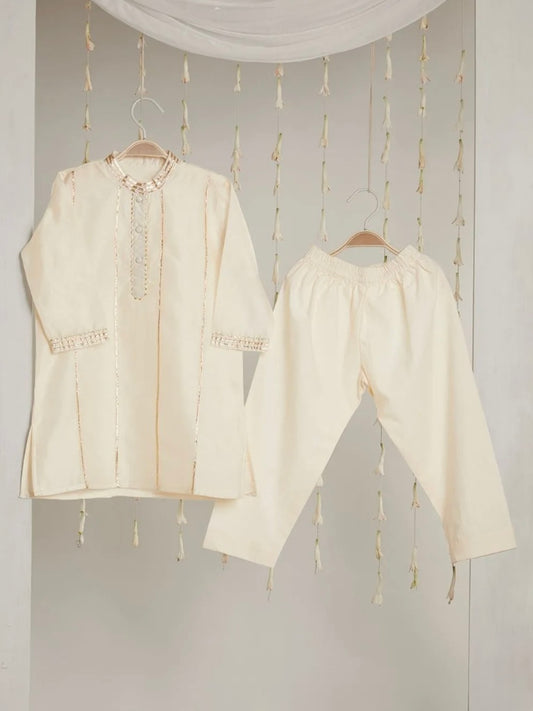 Cream gota work cotton silk kurta with pyjama