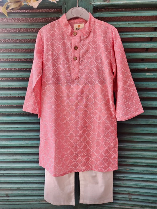 Light pink cotton slub handblock printed kids kurta set