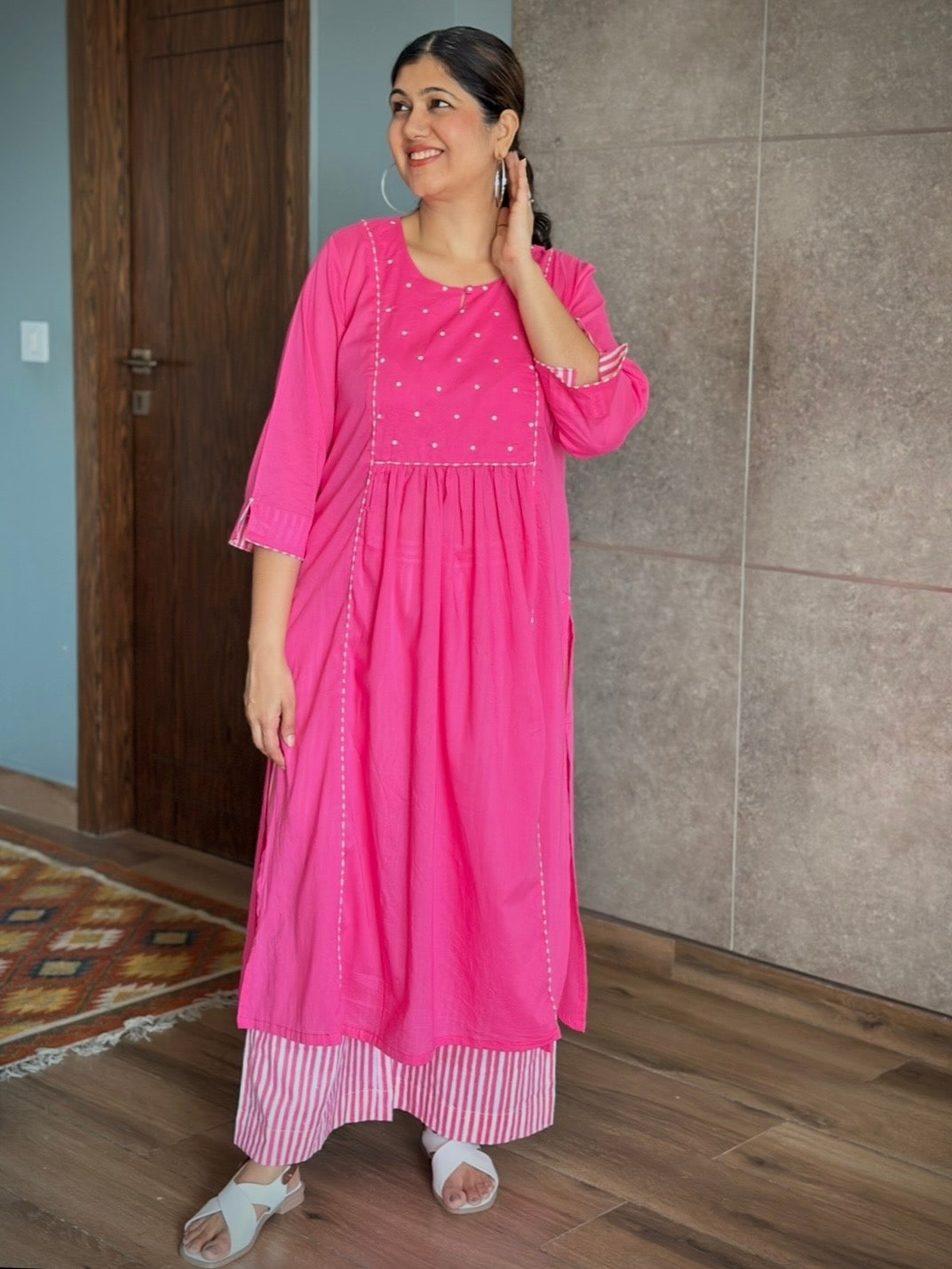 Gulabi cotton kurta set with chanderi dupatta