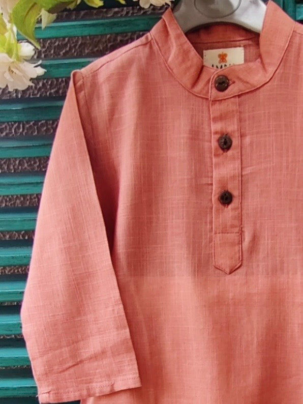 Salmon cotton slub kids kurta with green handblock printed jacket set