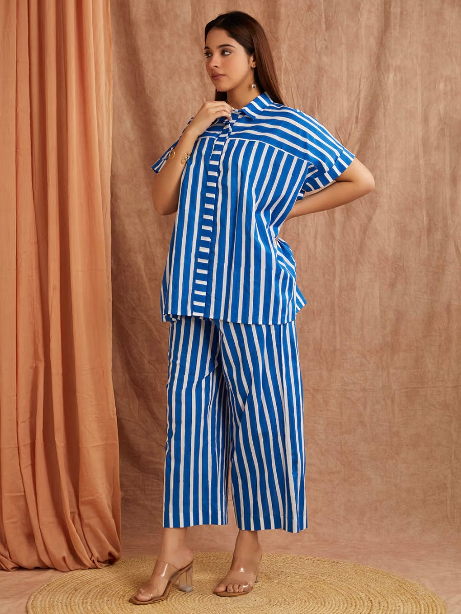Lapis Blue Striped Hand Block Printed Cotton Co-ord Set