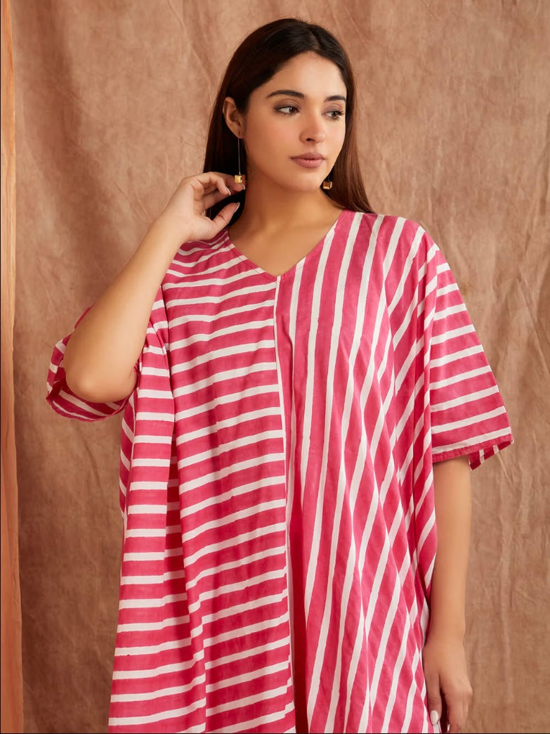 Ruby Pink Stripe Hand Block Printed Cotton Kaftan with Pants
