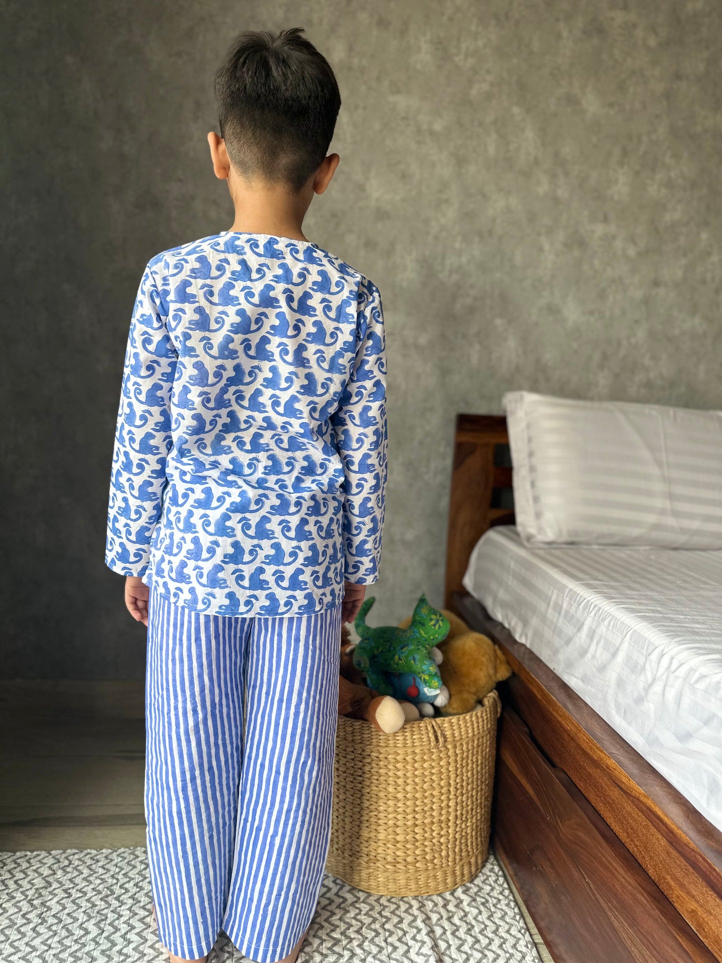 Ink blue monkey print kids loungewear set