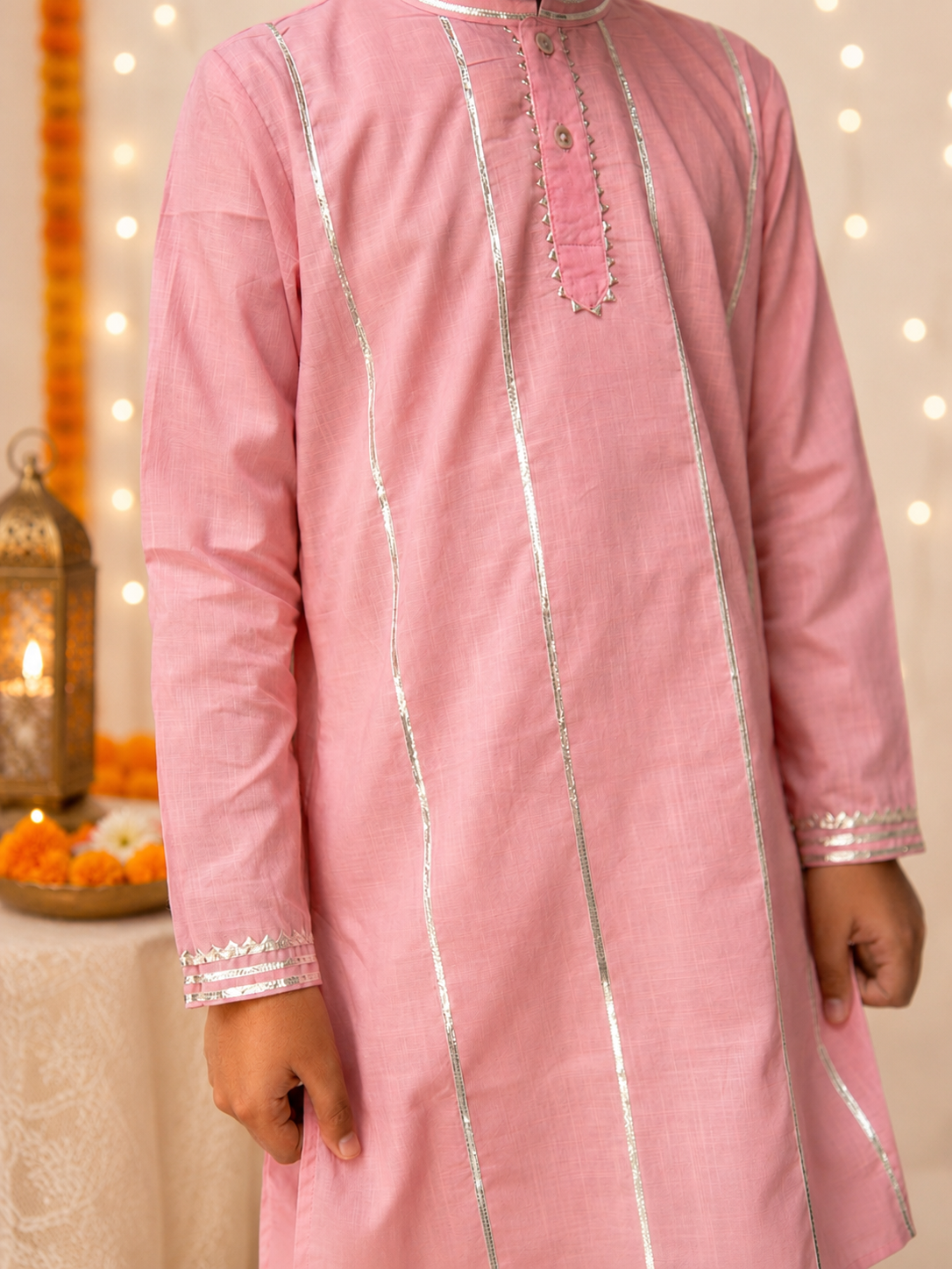 Kids blush pink gota work cotton kurta with pyjama