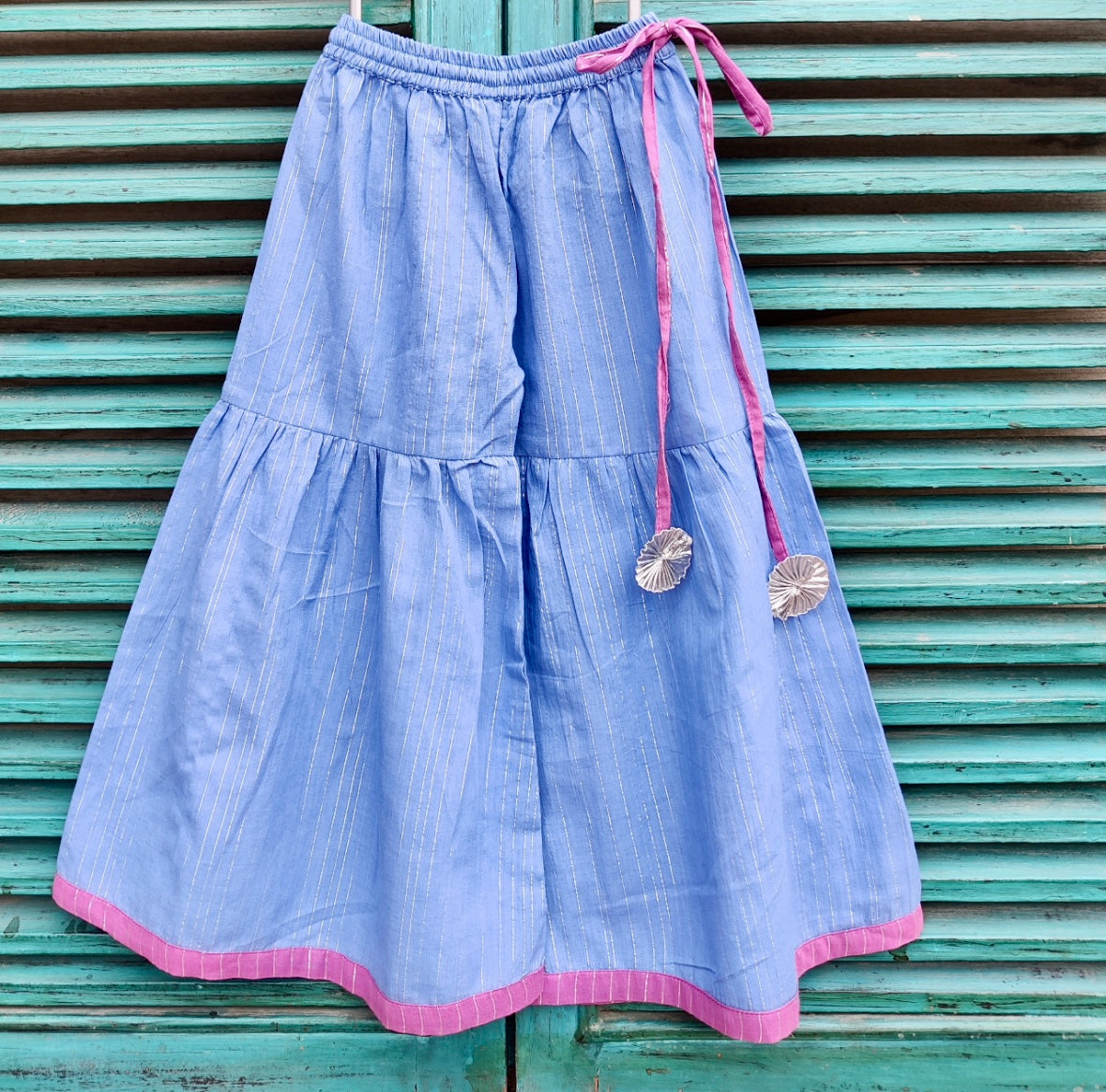 Blue cotton kids gharara set with purple dupatta