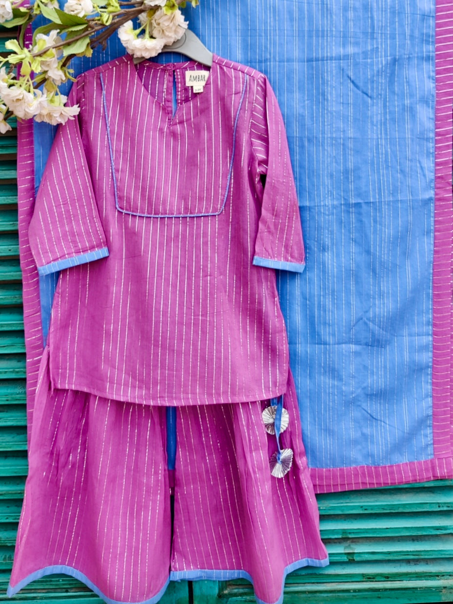 Purple cotton kids gharara set with blue dupatta