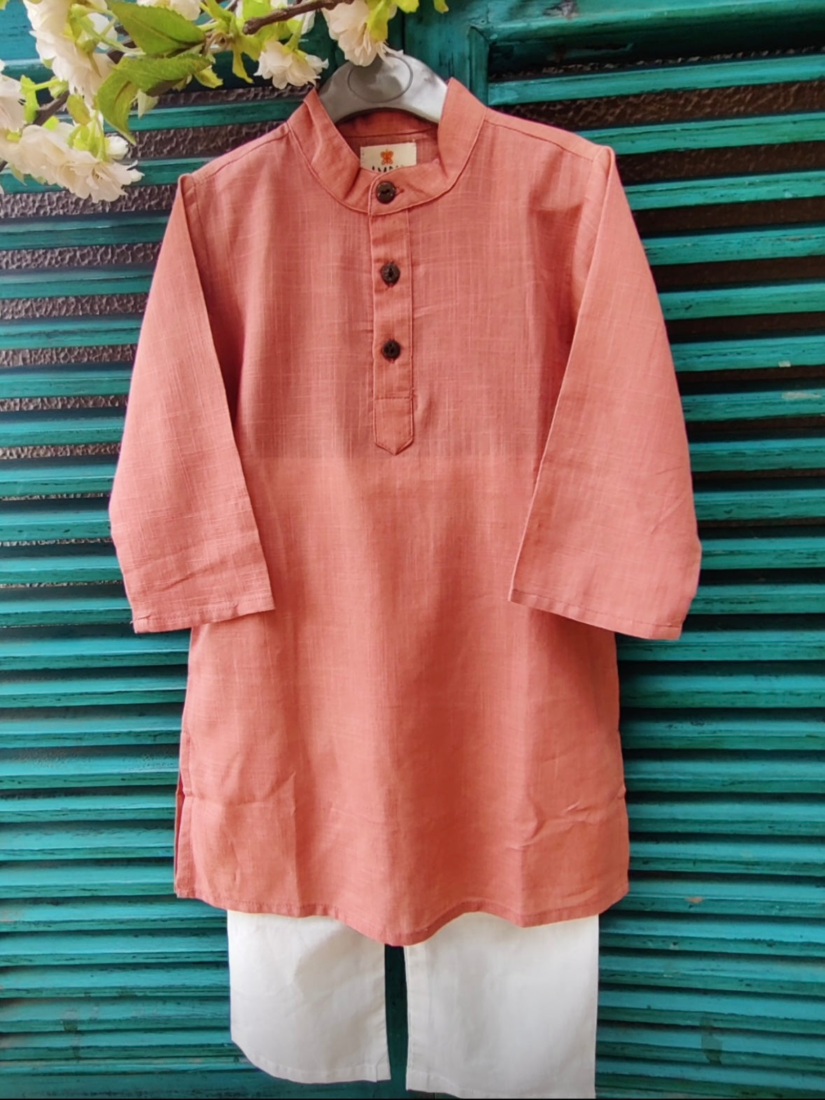 Salmon cotton slub kids kurta with green handblock printed jacket set