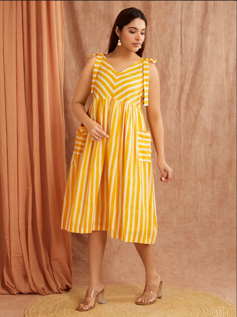 Sunshine Yellow Striped Hand Block Printed Cotton Dress