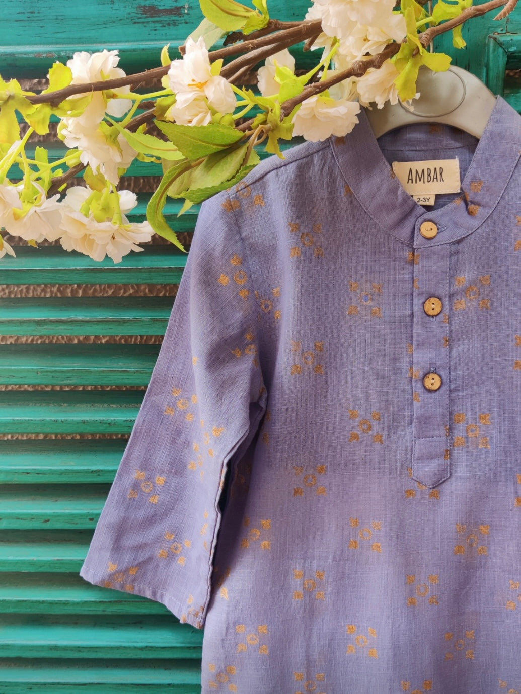 Dusty blue cotton slub handblock printed kids kurta set