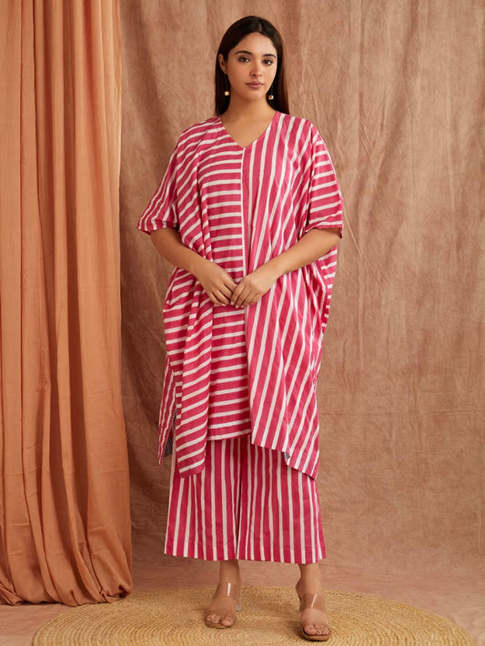 Ruby Pink Stripe Hand Block Printed Cotton Kaftan with Pants