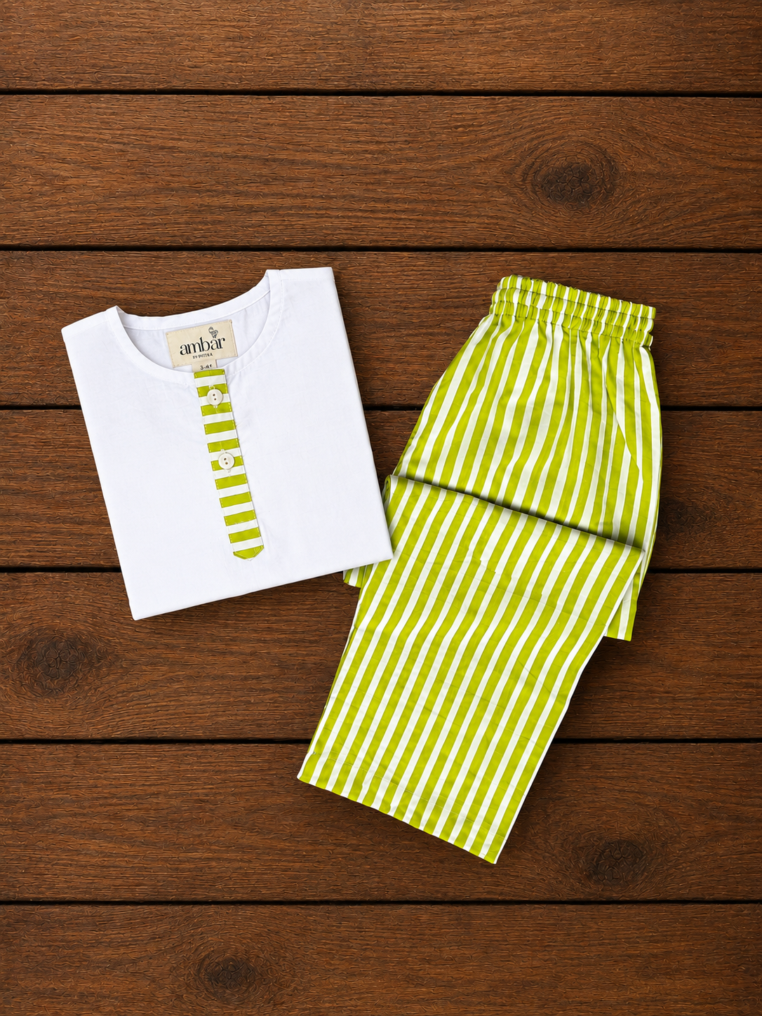White/ lime green stripe kids loungewear set