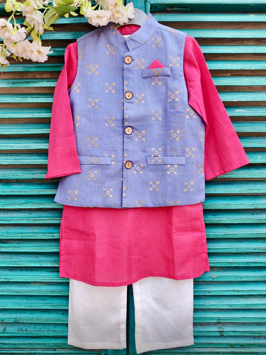 Pink cotton slub kids kurta with dusty blue handblock printed jacket set