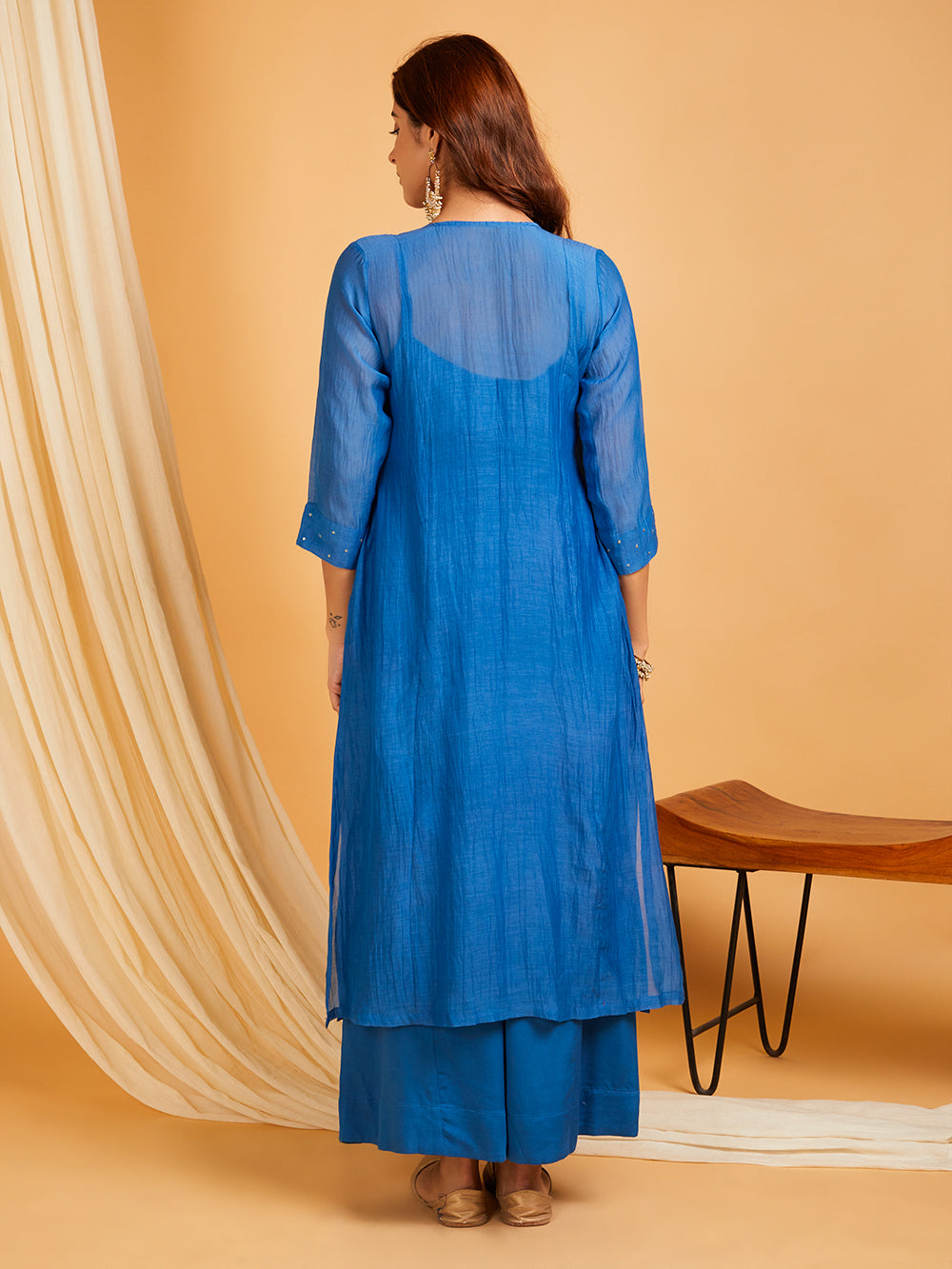 Blue mul chanderi hand embroidered women's kurta set