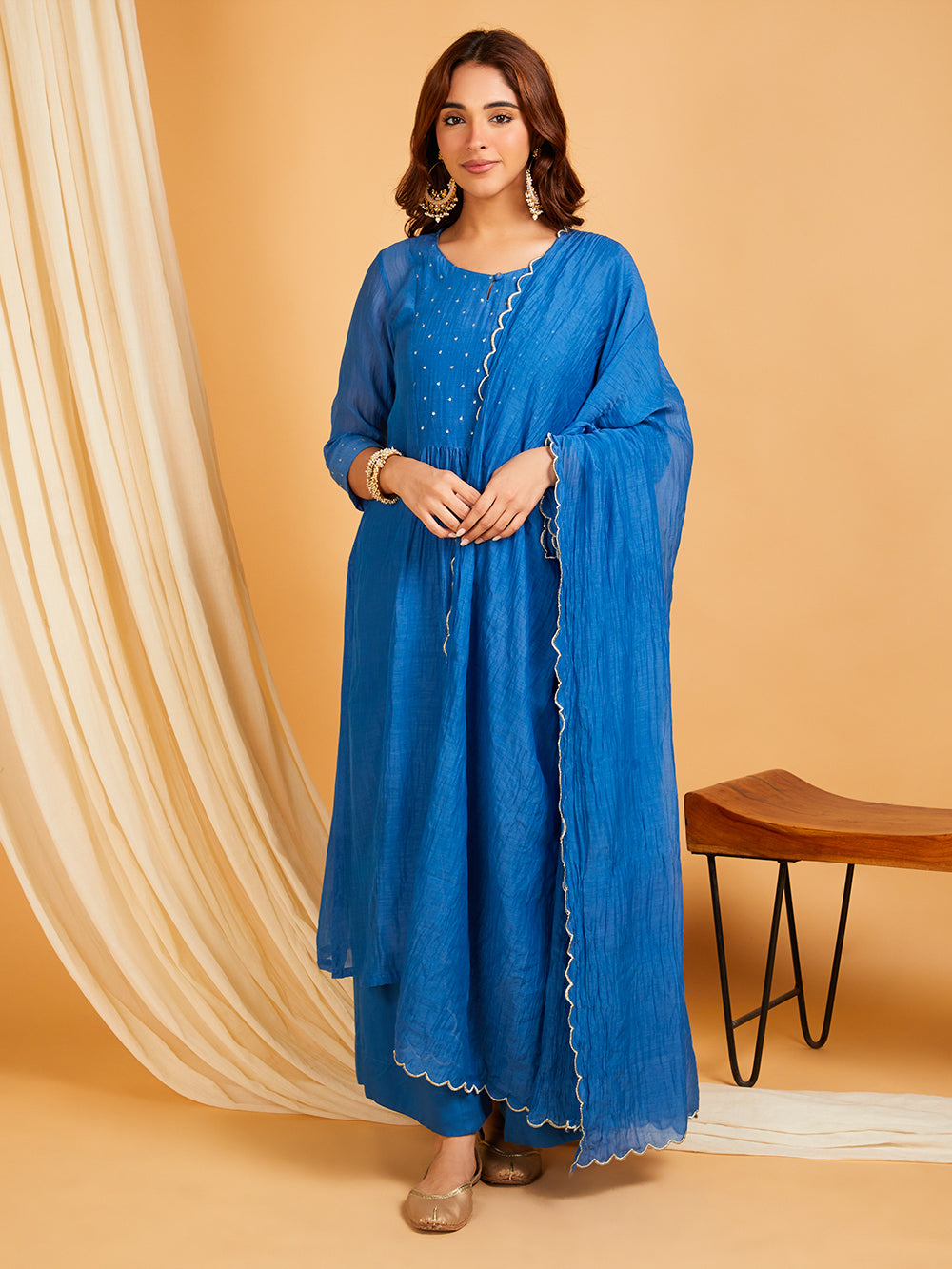 Blue mul chanderi hand embroidered women's kurta set