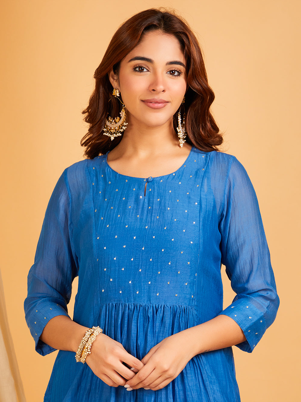 Blue mul chanderi hand embroidered women's kurta set