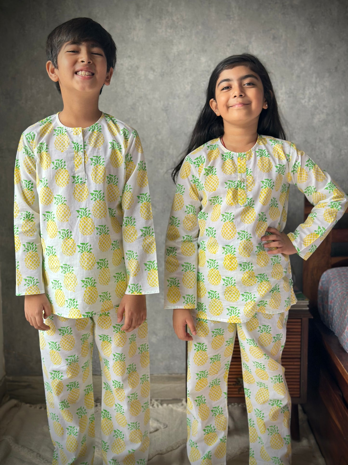 Yellow/ green pineapple print kids loungewear set